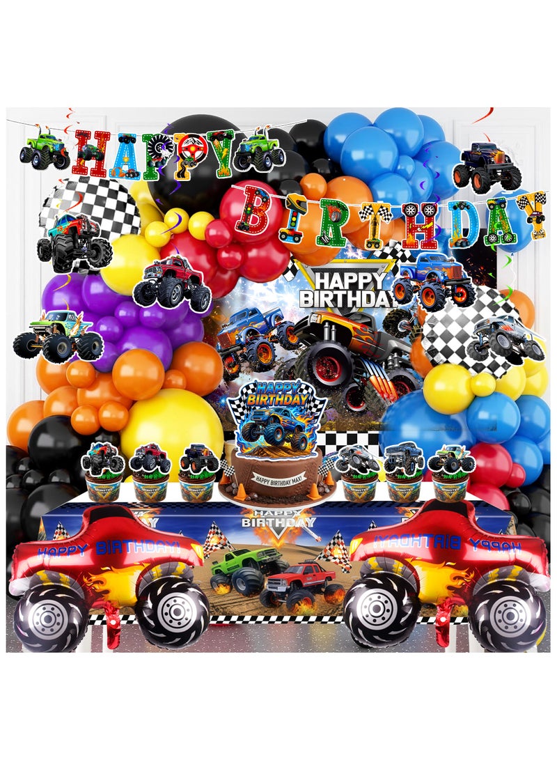 FRUITFUL PARTY Monster Truck Birthday Party Decorations, 111pcs Monster Truck Decoration Set - Monster Truck Balloons Banner Tablecloth Cupcake Toppers etc Monster Truck Birthday Party Supplies - Image 1